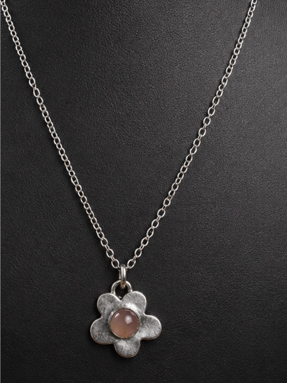 Silver Flower Pendant Necklace with Pink Gem
